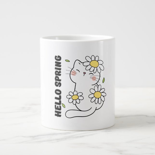 Minimalist Aesthetic Hello Spring Cat & Daisy  Jumbo-Tasse (Vorderseite)