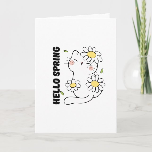 Minimalist Aesthetic Hello Spring Cat & Daisy  Karte (Vorderseite)