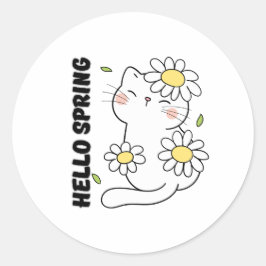 Minimalist Aesthetic Hello Spring Cat & Daisy  Runder Aufkleber