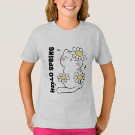 Minimalist Aesthetic Hello Spring Cat & Daisy T-Shirt