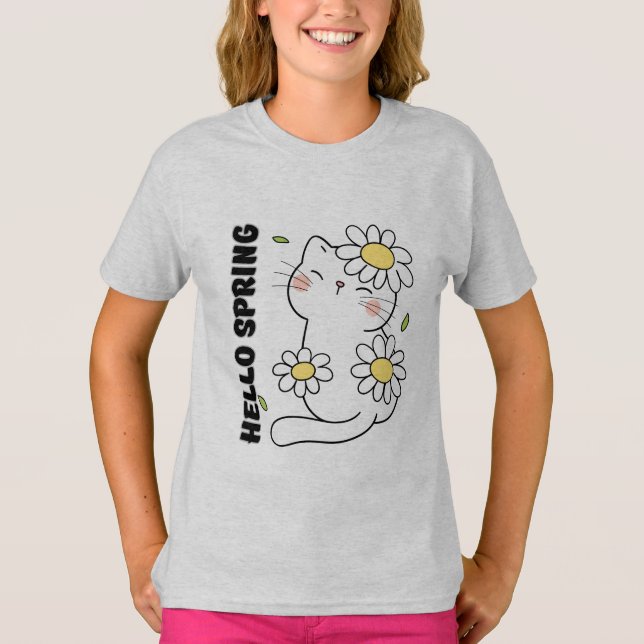 Minimalist Aesthetic Hello Spring Cat & Daisy  T-Shirt (Vorderseite)
