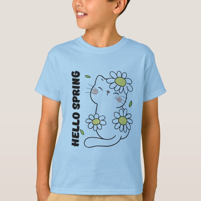 Minimalist Aesthetic Hello Spring Cat & Daisy  T-Shirt (Vorderseite)