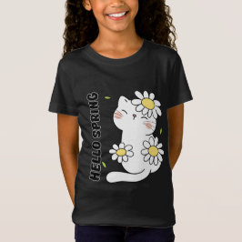 Minimalist Aesthetic Hello Spring Cat & Daisy  T-Shirt