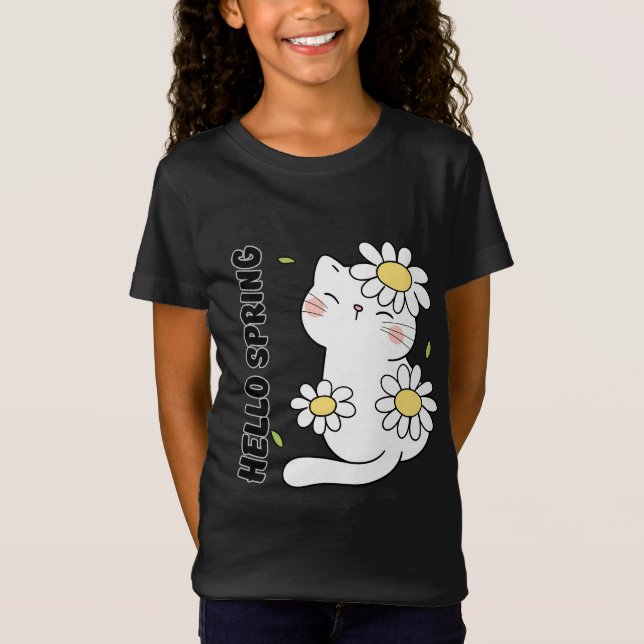 Minimalist Aesthetic Hello Spring Cat & Daisy  T-Shirt (Vorderseite)