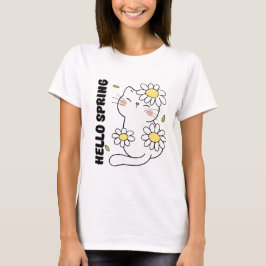 Minimalist Aesthetic Hello Spring Cat & Daisy T-Shirt
