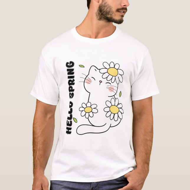 Minimalist Aesthetic Hello Spring Cat & Daisy  T-Shirt (Vorderseite)