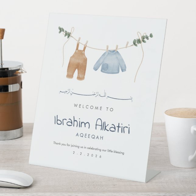 Minimalist Aqiqah Welcome Sign Baby Boy Blue Earth Sockelschild (In Situ)