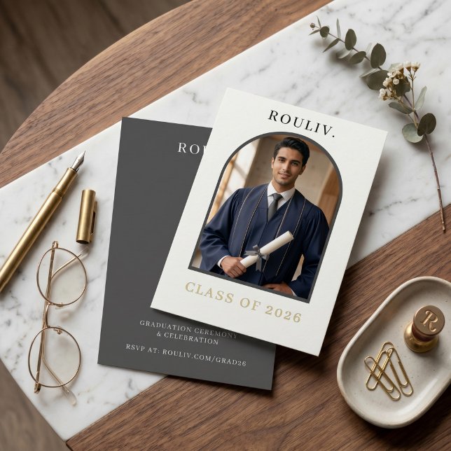 Minimalist Arch Photo Graduation Invite | ROULIV Einladung (Minimalist Architectural Arch Graduation Invitation | Photo Class of 2026 | ROULIV Stone Grey & Gold)