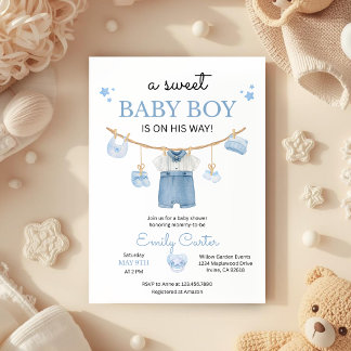 Minimalist Baby Boy Shower with Baby Clothes Einladung