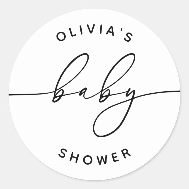 Minimalist Baby Shower. Black & White Script Favor Runder Aufkleber (Vorderseite)