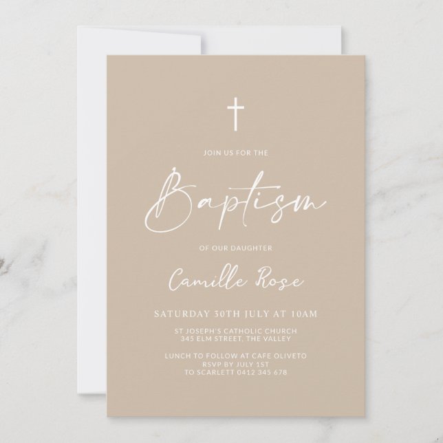 Minimalist Baptism Beige Neutral  Einladung (Vorderseite)