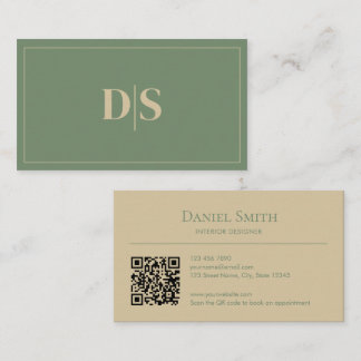 Minimalist Beige Muted Green Initials QR Code Visitenkarte