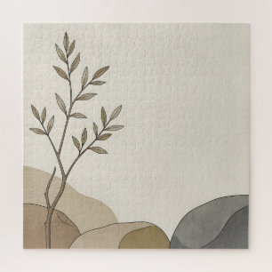 Minimalist Beige Zweig Blätter Abstrakte Erdtöne  Puzzle