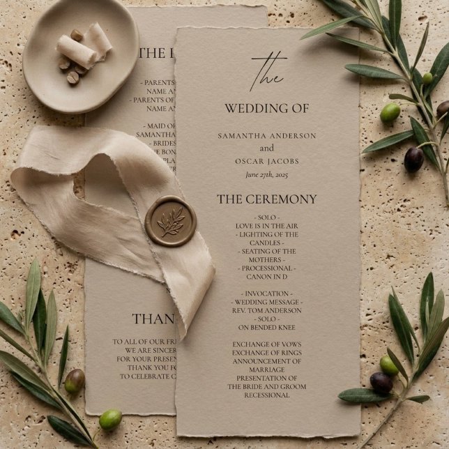 Minimalist Beiges Hochzeitsprogramm | Elegantes Ne Menükarte (Von Creator hochgeladen)