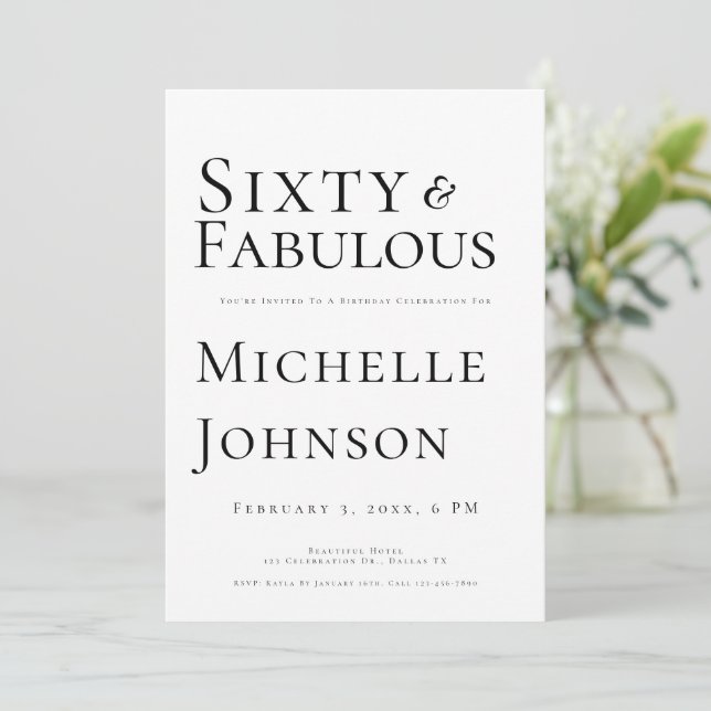 Minimalist Black 60 & Fabulous 60th Birthday Party Einladung (Stehend Vorderseite)