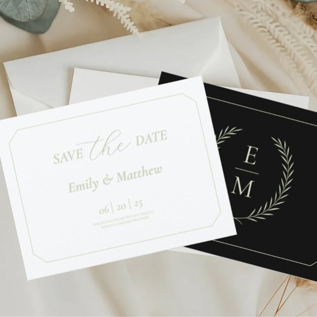 Minimalist Black and Sage Wedding Save The Date Ankündigungspostkarte (Von Creator hochgeladen)