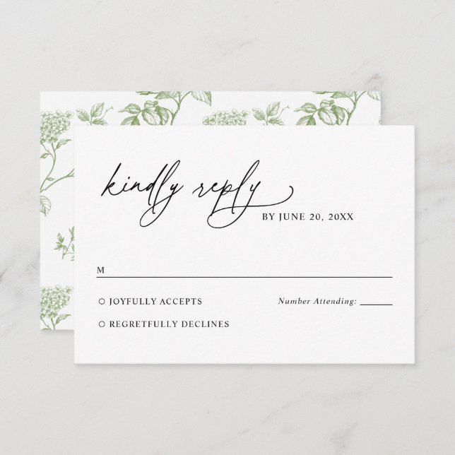 Minimalist Black and White Green Wedding RSVP Card (Vorne/Hinten)