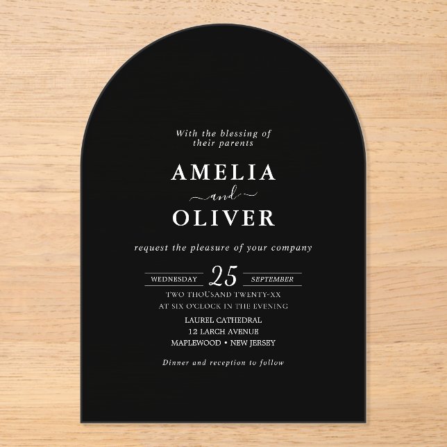 Minimalist Black Arch Elegant Wedding Invitation Acryleinladungen (Vorderseite)