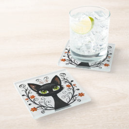 Minimalist Black Cat Green Eyes Filigree Design Glasuntersetzer