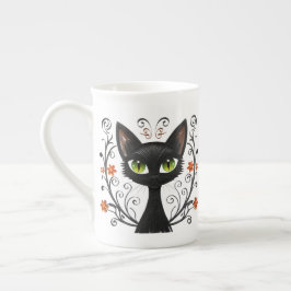 Minimalist Black Cat Green Eyes Filigree Design Prozellantasse
