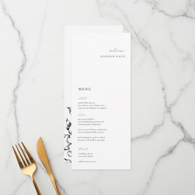 Minimalist Black Floral Place Card Menu Menükarte (Vorderseite/Rückseite Beispiel)