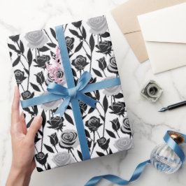 Minimalist Black Roses With Light Gray Stems  Geschenkpapier