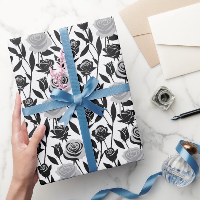 Minimalist Black Roses With Light Gray Stems  Geschenkpapier (Schenken)