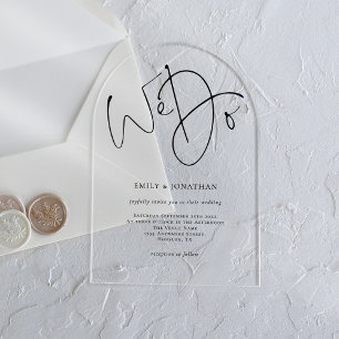 Minimalist Black Script Wir heiraten Acryleinladungen