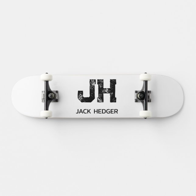 MINIMALIST BLACK TWO LETTER MONOGRAM NAME WHITE SKATEBOARD (Horizontal)