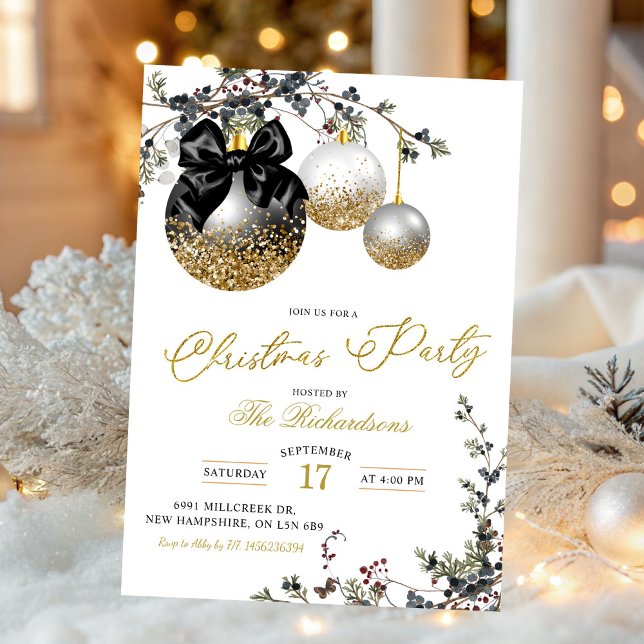 Minimalist Black White and Gold Christmas Party Einladung (Von Creator hochgeladen)