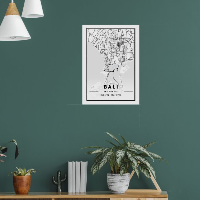 Minimalist Black & White Bali City Map  Poster (Wohnzimmer 1)
