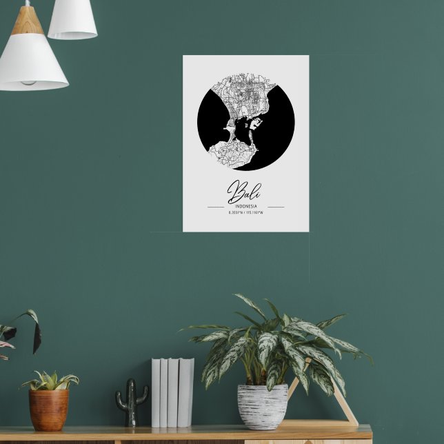 Minimalist Black & White Bali City Map  Poster (Wohnzimmer 1)