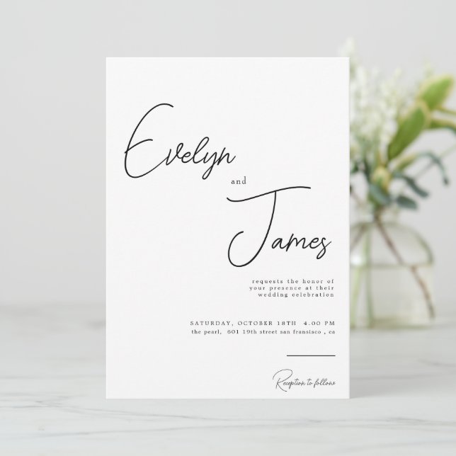 Minimalist Black & White Romantic Modern Wedding Einladung (Stehend Vorderseite)