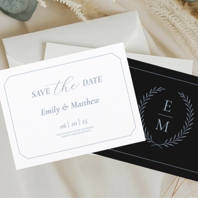 Minimalist Black With Blue Wedding Save The Date Ankündigungspostkarte (Von Creator hochgeladen)