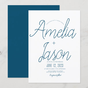 Minimalist Blau + Weiße Schriftart Hochzeit Einladung