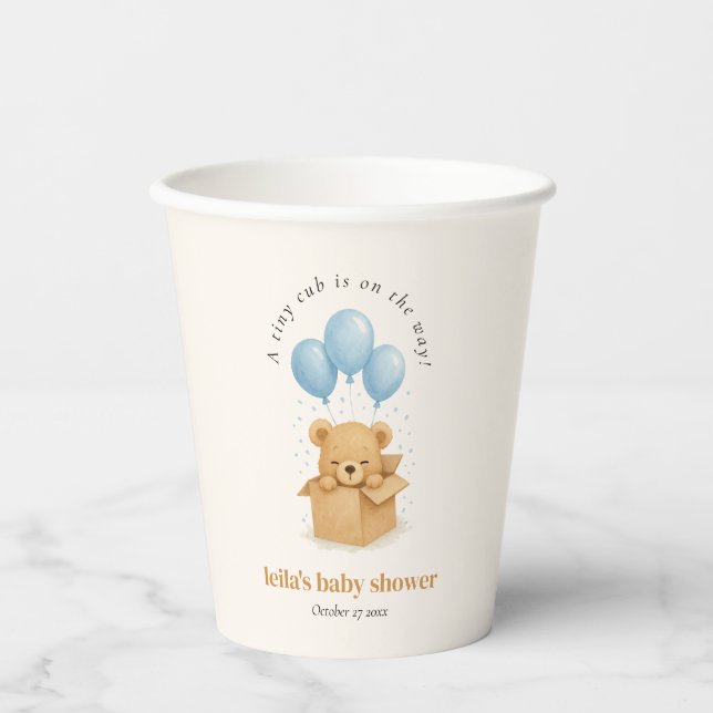 Minimalist Blue Balloon Bear Baby Shower Pappbecher (Vorderseite)