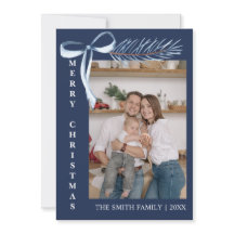 Minimalist Blue Bow Pine Branch Photo Family