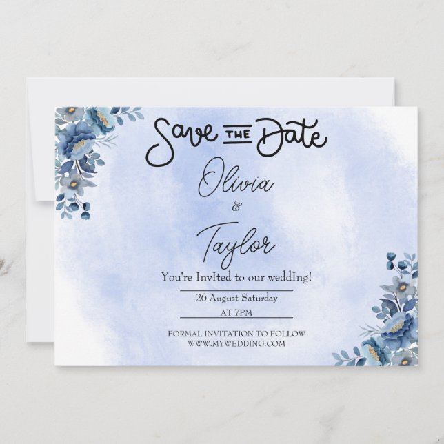 Minimalist Blue Floral Wedding Save the Date Einladung (Vorderseite)