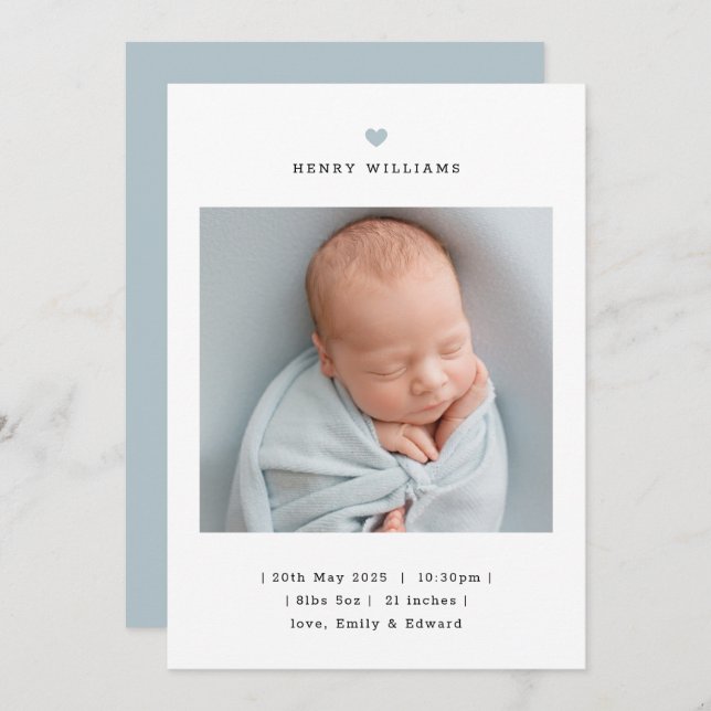 Minimalist Blue Heart Boy Birth Announcement Ankündigung (Vorne/Hinten)