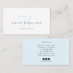 Minimalist Blue Script Monogramm Name Visitenkarte