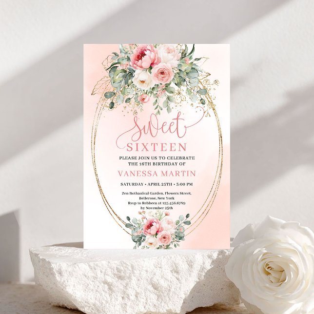 Minimalist Blush Floral Gold Sweet Sixteen Invite Einladung (Minimalist Blush Floral Gold Sweet Sixteen Invite)
