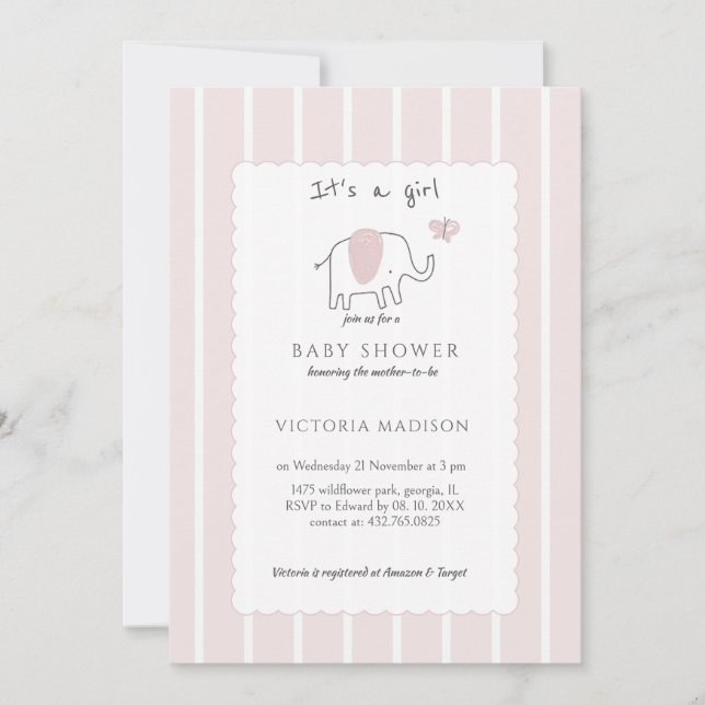 Minimalist Blush Pink Elephant Sketch Its a Girl  Einladung (Vorderseite)