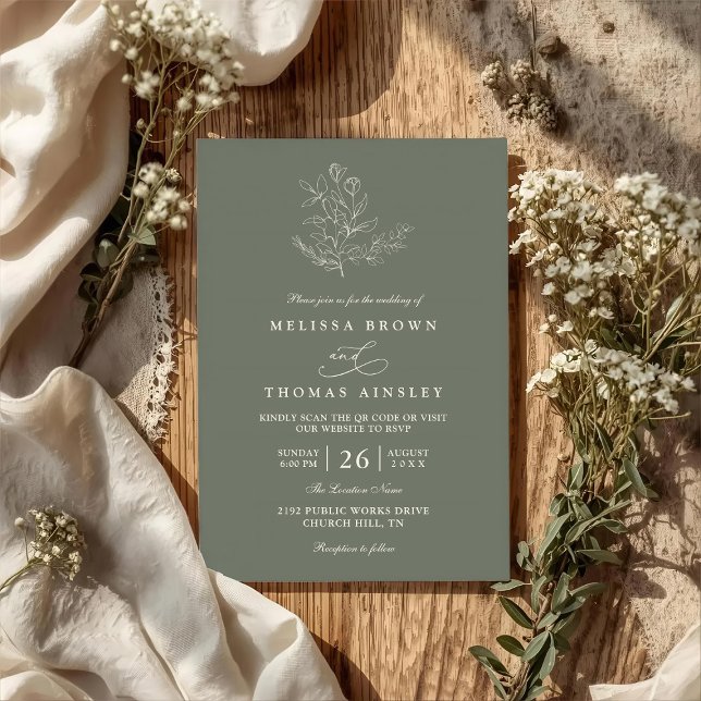Minimalist Boho Floral Sage Modern QR Code Wedding Einladung (Von Creator hochgeladen)