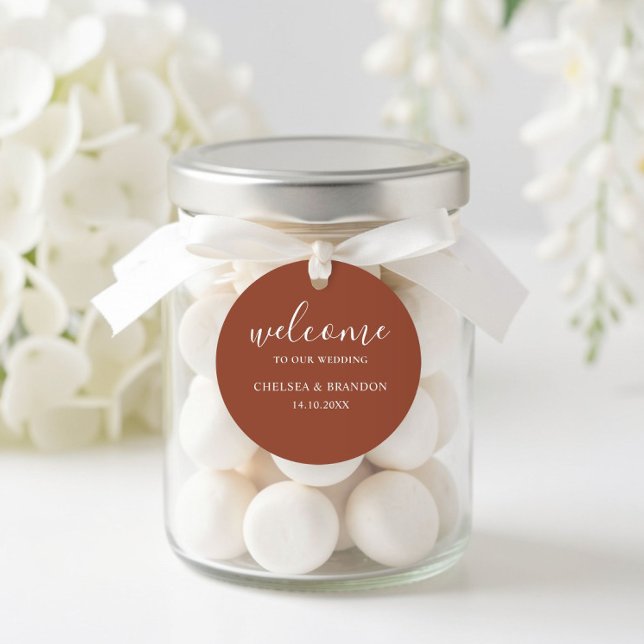 Minimalist Boho Terracotta Orange Welcome Wedding Runder Aufkleber (Von Creator hochgeladen)