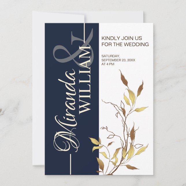 Minimalist Botanical Navy Blue Wedding Invitation Einladung (Vorderseite)