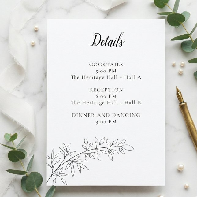 Minimalist Botanical Wedding Details Card Black Begleitkarte (Von Creator hochgeladen)