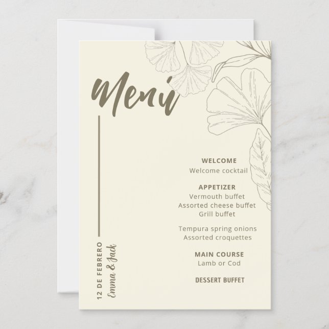 Minimalist Botanical Wedding Menu Card Magneteinladung (Vorderseite)