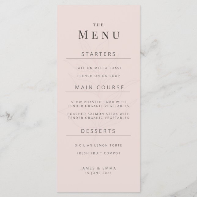 Minimalist Botanical Wedding Menu | Warm Blush Menükarte (Vorderseite)