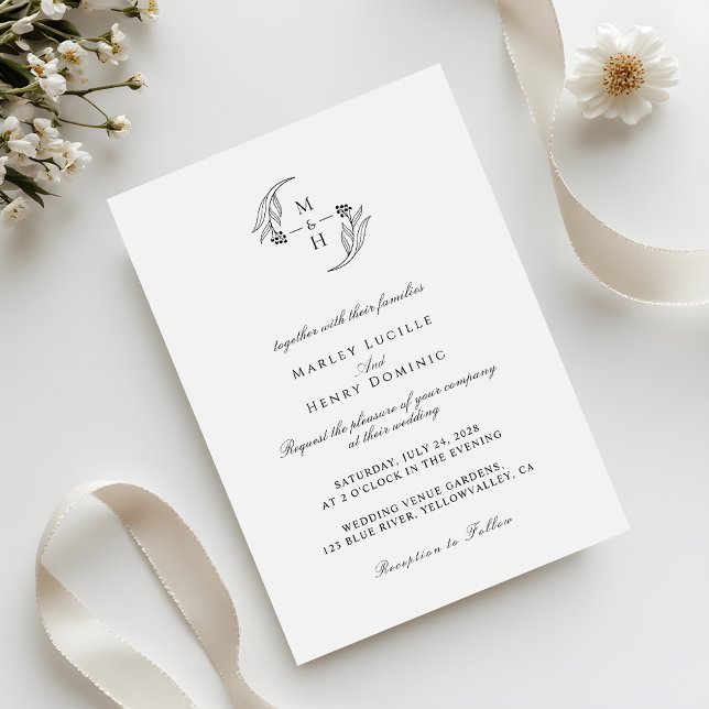 Minimalist botanical Wreath Monogram Wedding Einladung (Von Creator hochgeladen)