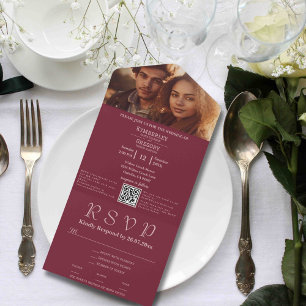 Minimalist Burgunder-Rosa Foto-QR-Code E-Mail All In One Einladung